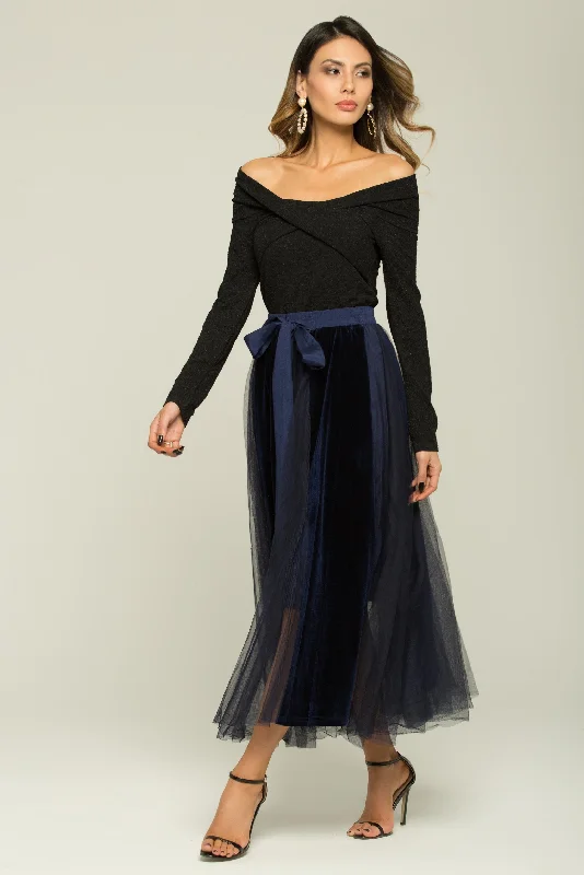 Black And Blue Boat Neck Top And Sheer Skirt With Belt Set