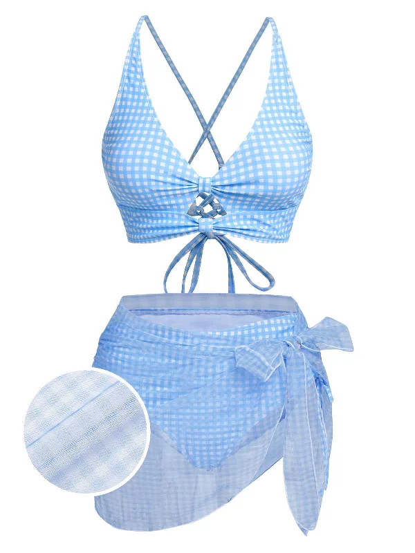 2PCS Blue 1950s Plaids Swimsuit & Mesh Cover-Up