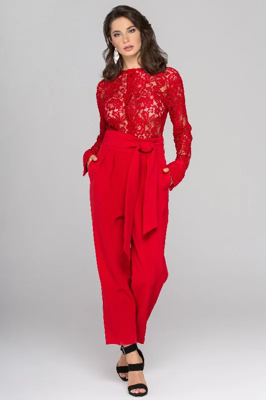 Rania Fawaz - Red Lace Sleeved Jumpsuit