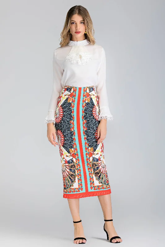 White Pleated Gabot Top and Printed Pencil Skirt Set