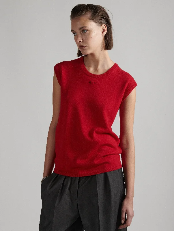 Red sleeveless merino knit crew neck sweater