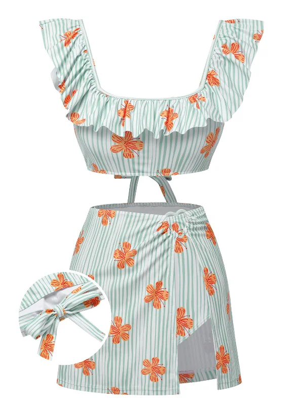 Light Green 1950s Floral Stripe Swimsuit & Skirt Cover-Up