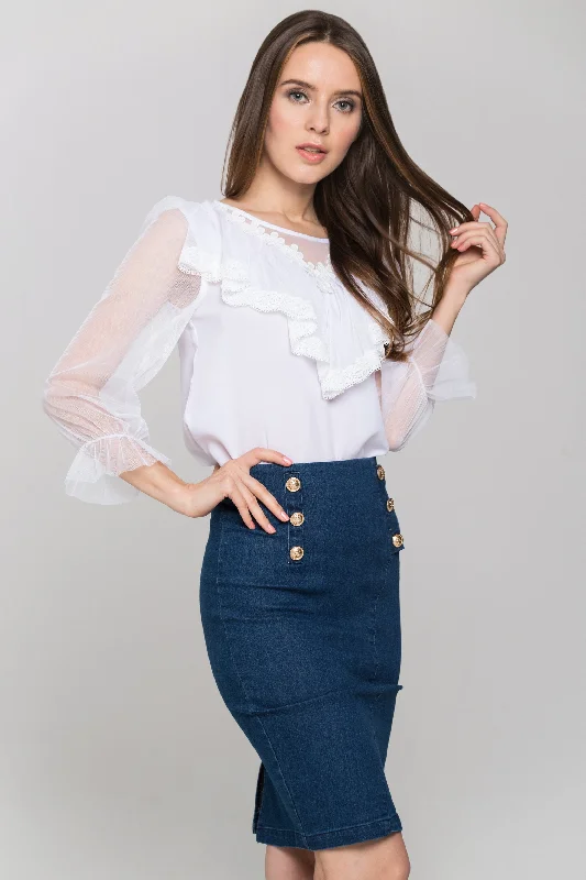 White Sheer Sleeves Gabot Top and Denim Skirt