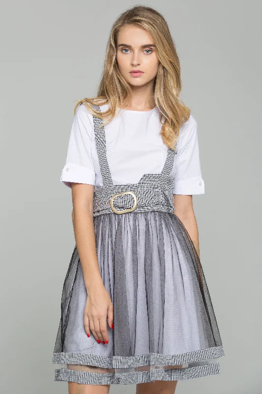 White Cotton Gauntlet Sleeve Shirt and Black Chiffon Gingham Pinafore Belted Skirt Set