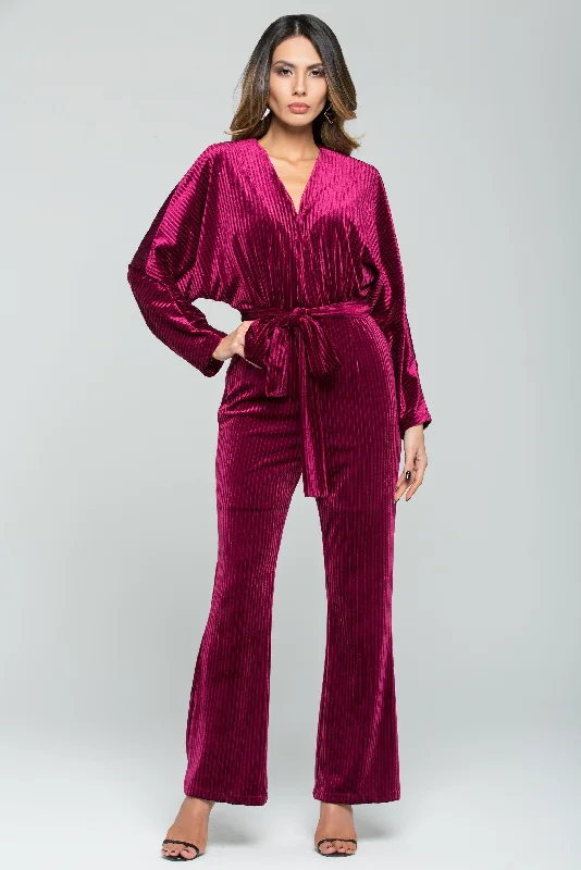 Solid Burgundy Ribbed Velvet Jumpsuit