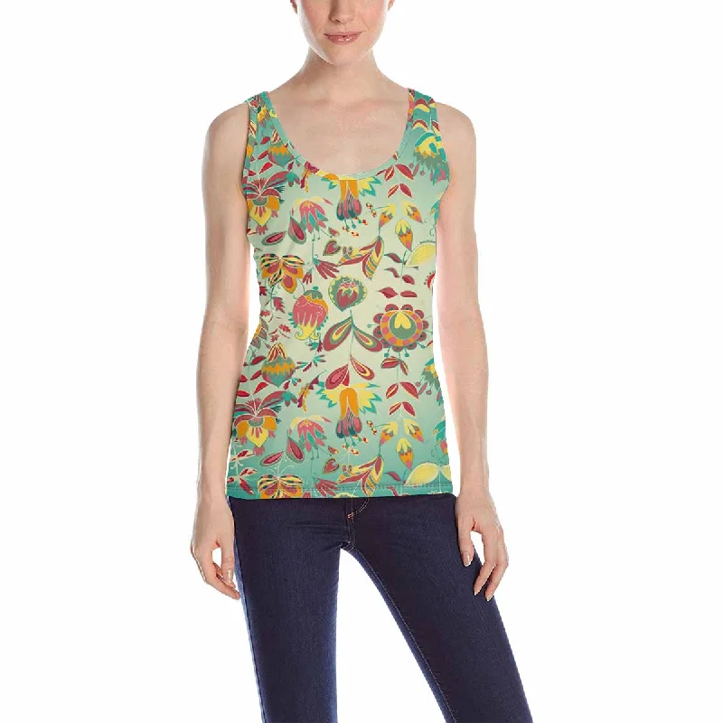 Womens Tank Tops print with colorful flowers feathers