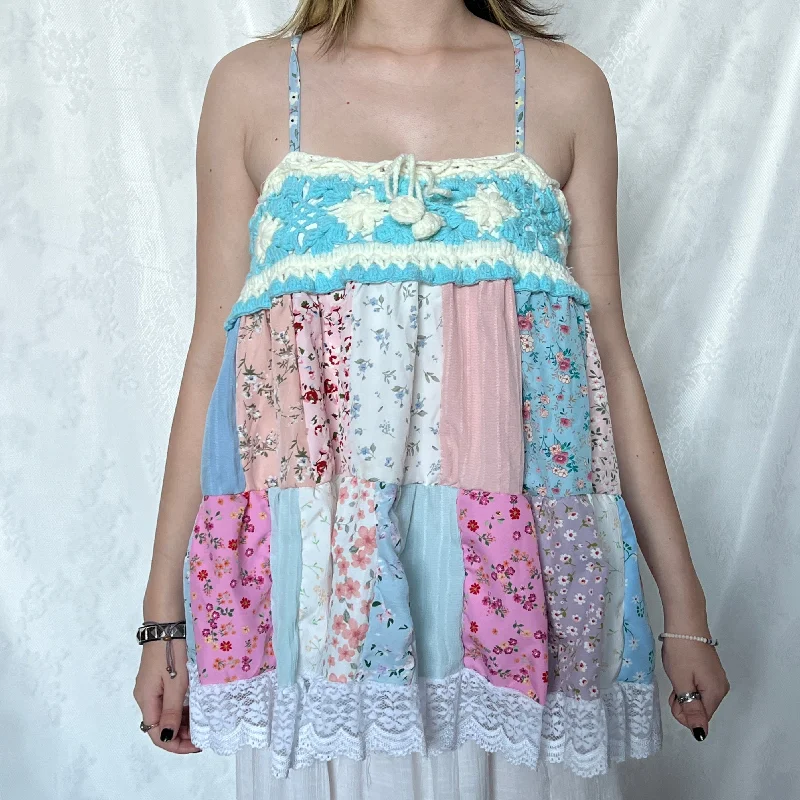 Blue Crochet With White Details Pink Patchwork Cami Top (L)