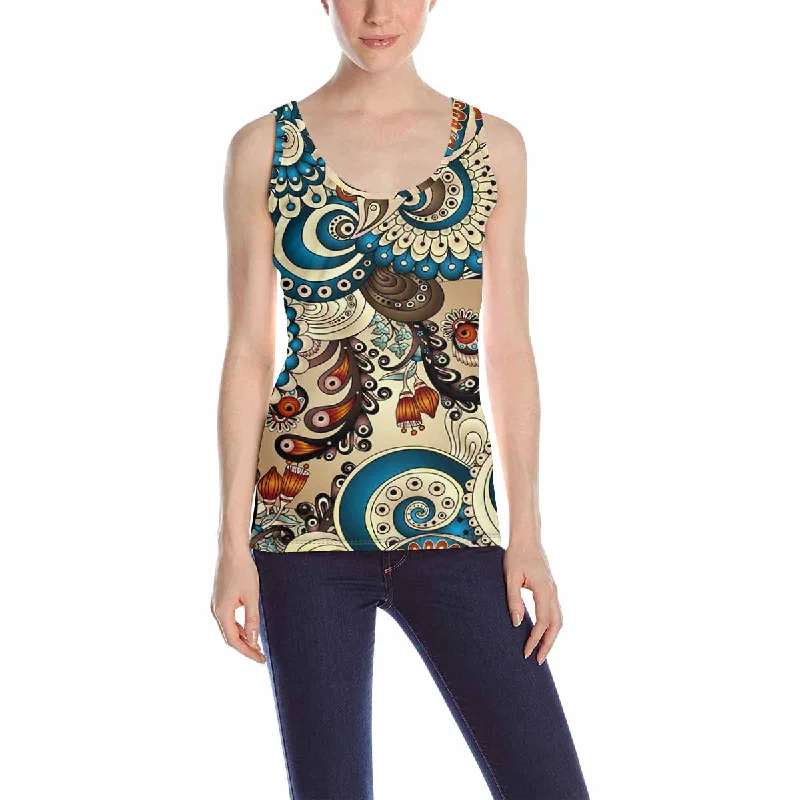 Womens Tank Tops print with floral pattern with doodles and cucumbers