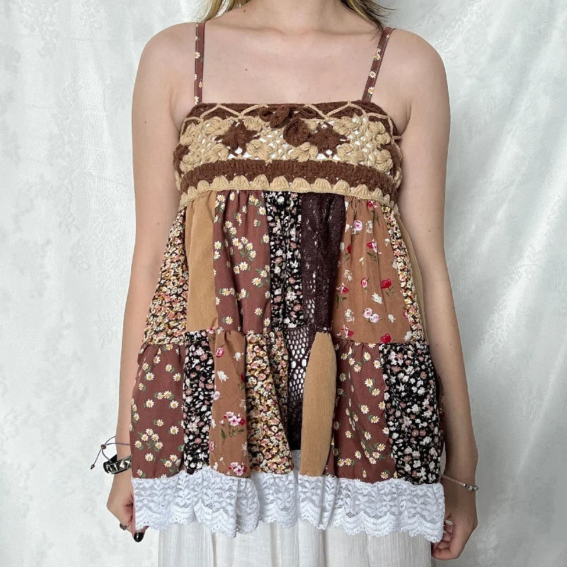 Beige Brown Crochet Patchwork Cami Top 3