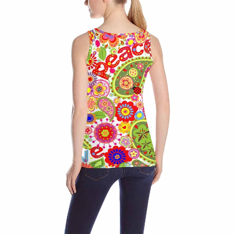 Womens Tank Tops print with hippie colorful flowers mushrooms