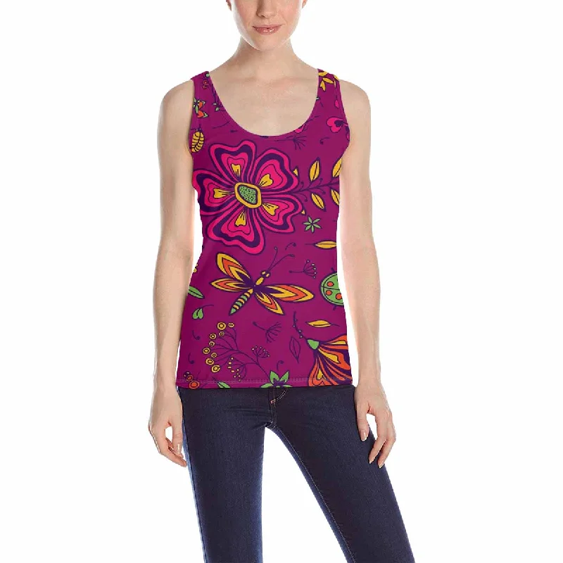 Womens Tank Tops print with dark red flowers and butterflies