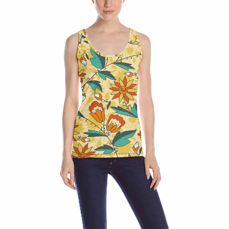 Womens Tank Tops print with brown flowers leaves