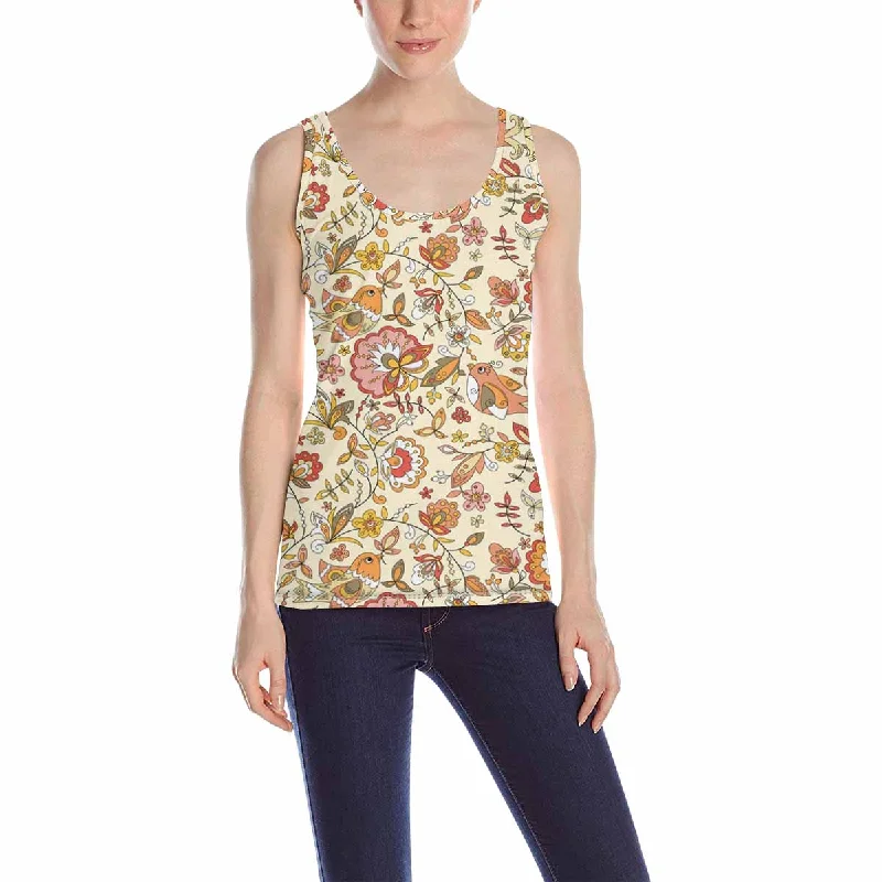 Womens Tank Tops print with brown flowers birds