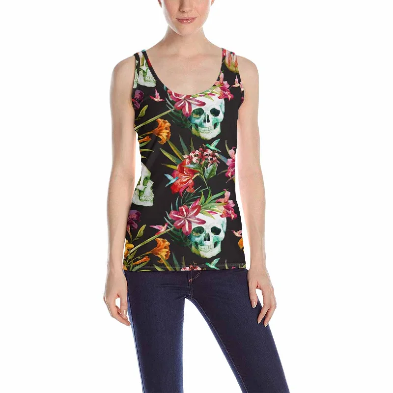 Womens Tank Tops print with colorful skulls in flowers