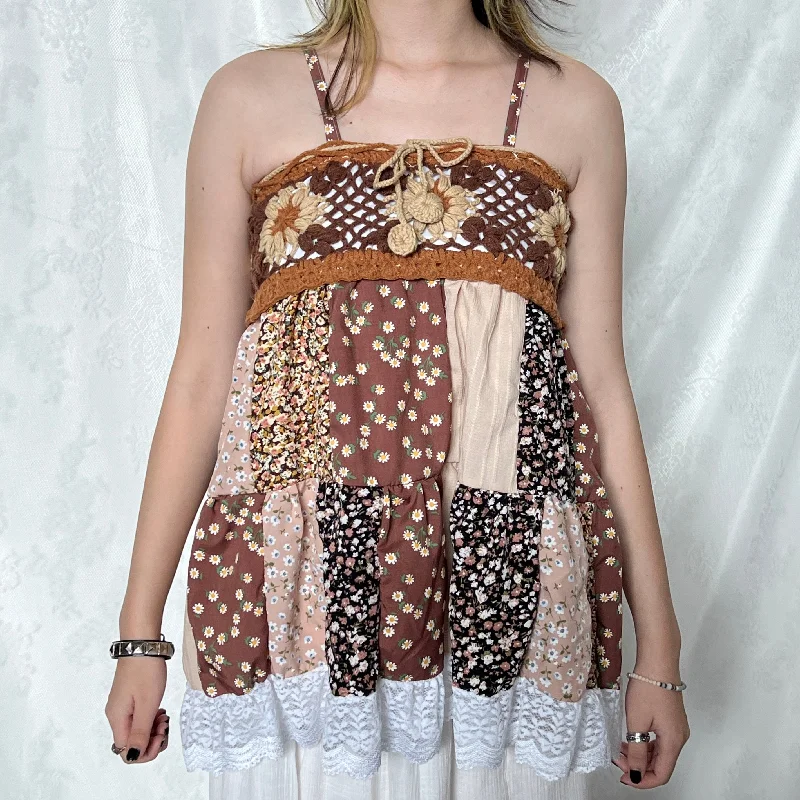 Brown Crochet With Caramel Details Patchwork Cami Top