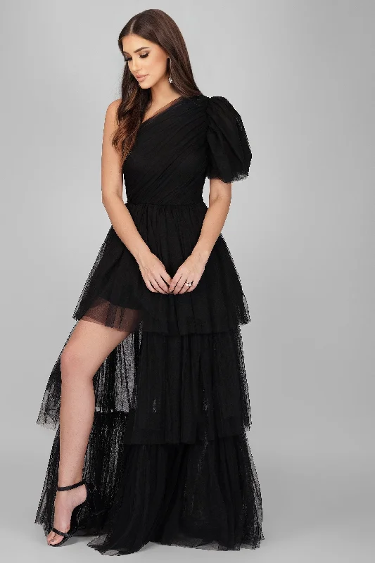 Rowena One Shoulder Tulle Gown in Black