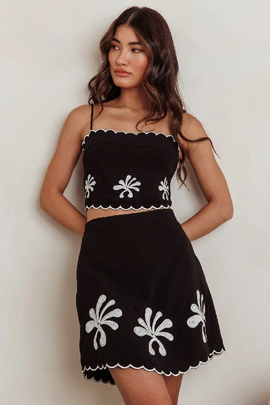 Carsyn Flower Embroidery Cropped Top Black