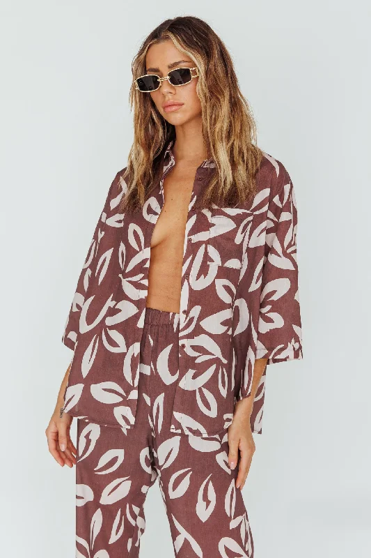 Just A Hunch Button Shirt Leaf Print Chocolate