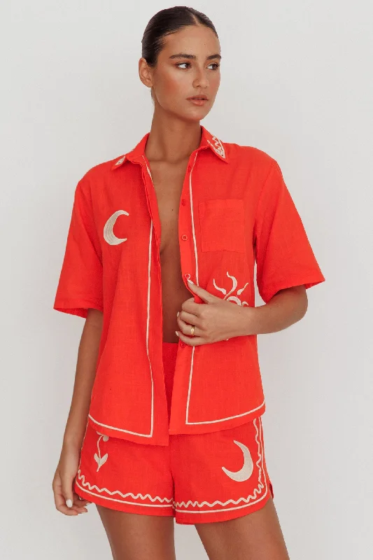 On Vacay Embroidered Button-Up Shirt Orange