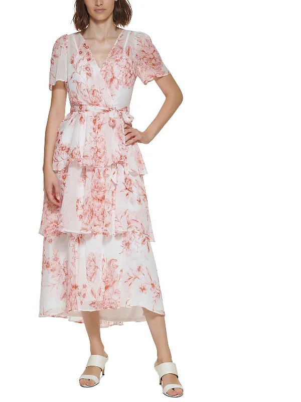 Petites Womens Floral Short Sleeve Midi Dress