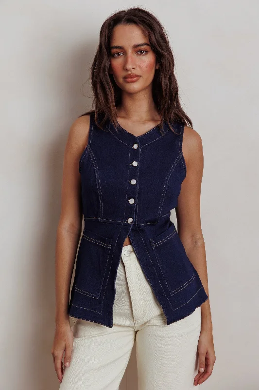 Philomena Button Front Pocket Vest Top Denim