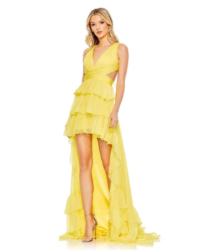 Ruffle Tiered Cross Over High Low Gown