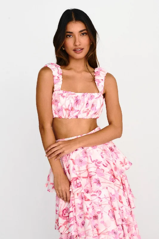 Suenito Gathered Crop Top Floral Pink