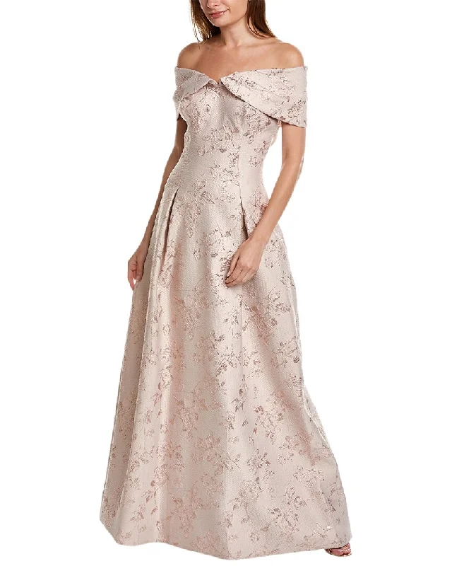 Teri Jon by Rickie Freeman Off-The-Shoulder Jacquard Gown