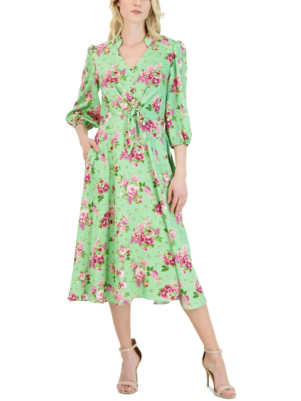 Womens Floral Front Tie Midi Dress