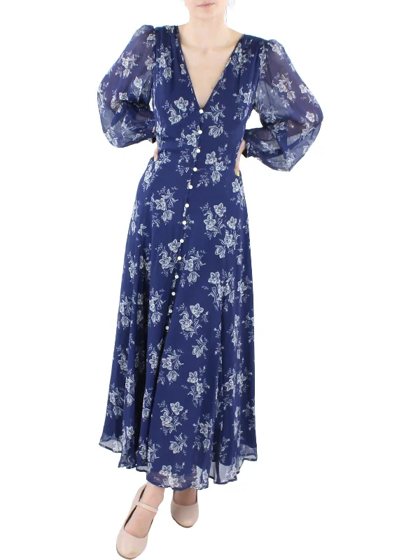 Womens Floral Print Tea Length Midi Dress