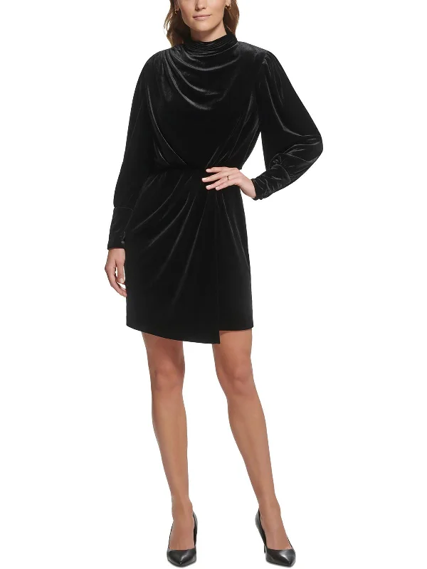 Womens Velvet Pleated Mini Dress