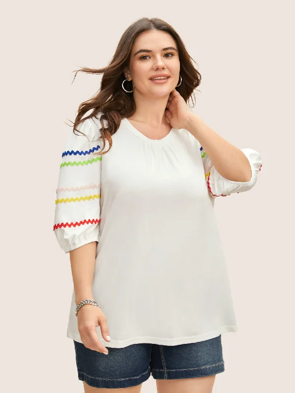 Round Neck Contrast Webbing Lantern Sleeve T-shirt