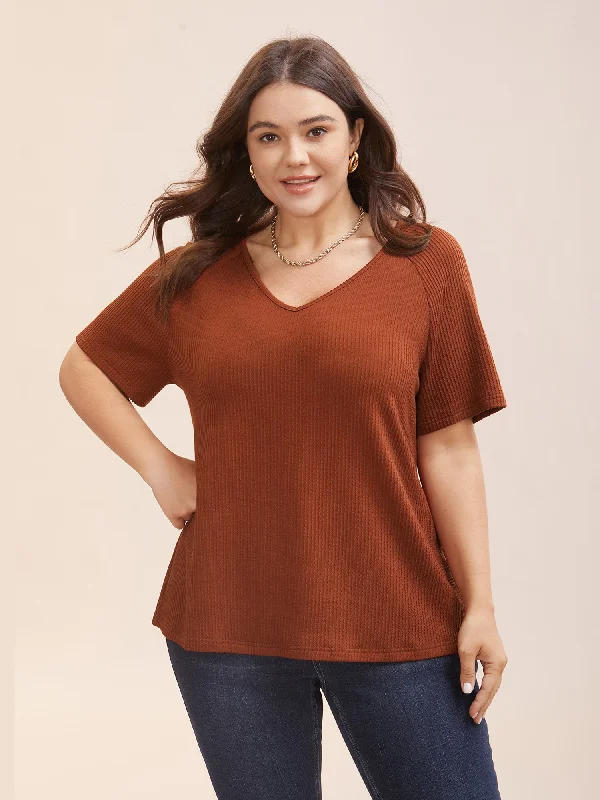 V Neck Plain Textured Raglan Sleeve T-shirt