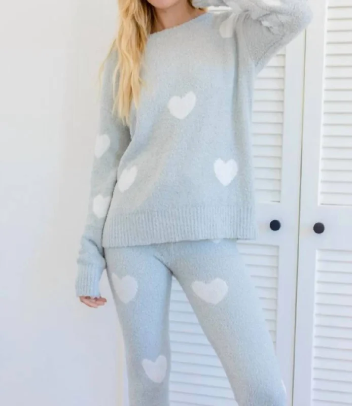 Comfy Heart Loungewear Set In Sage, White